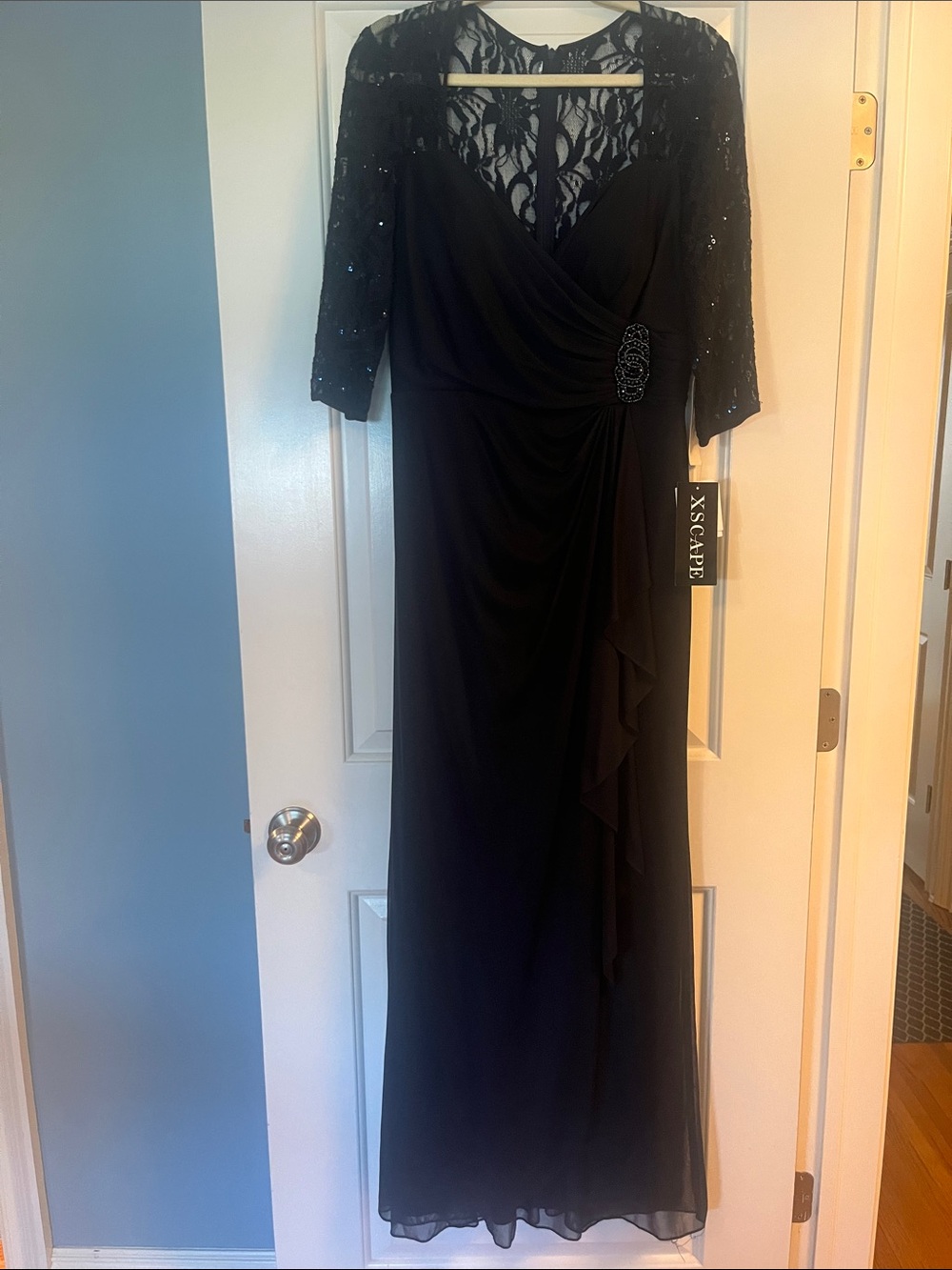 Xscape Navy Lace-Back Evening Gown
